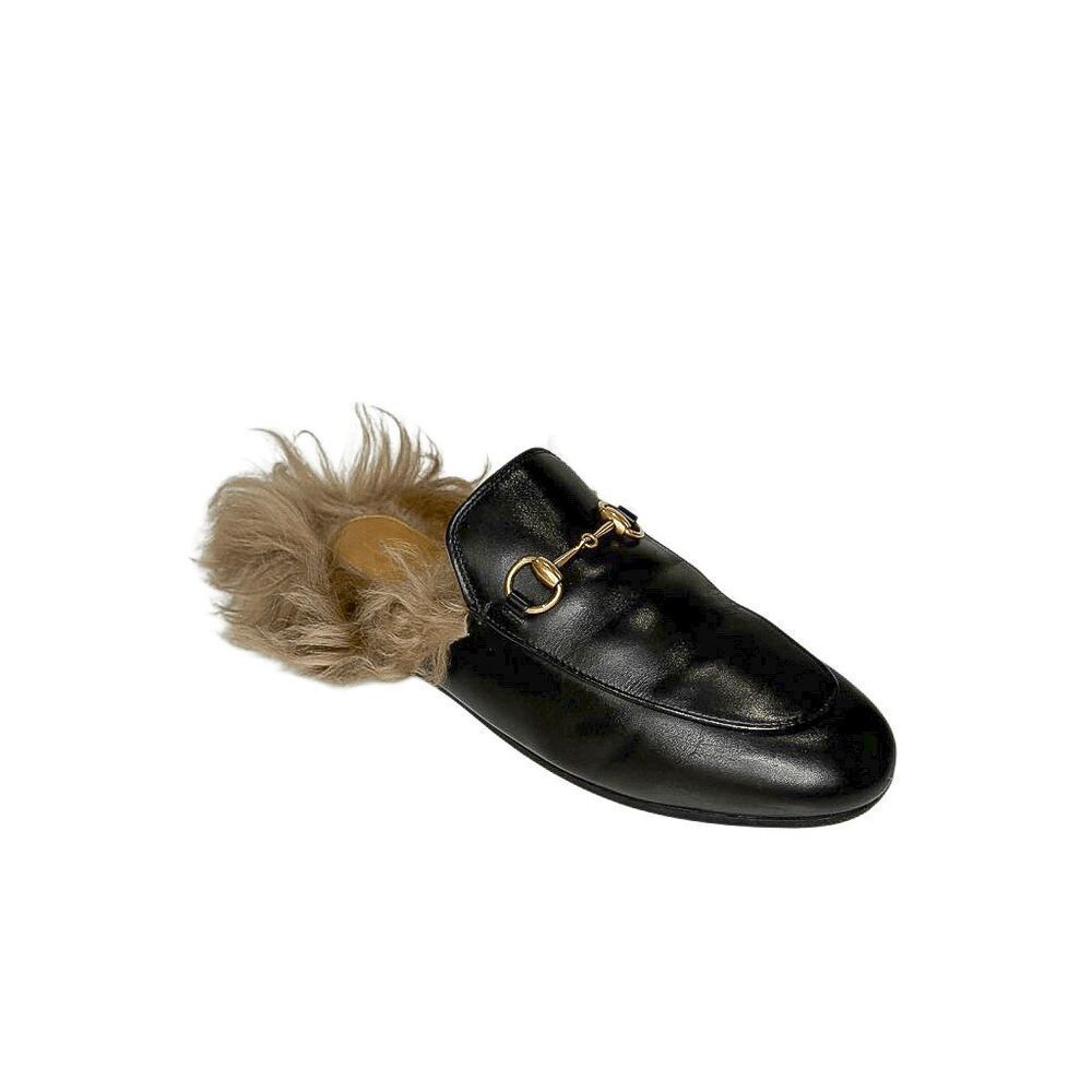 Gucci Princetown Lamb Fur Mules Black Leather Flat Slip On Slides Size 37 Shoes